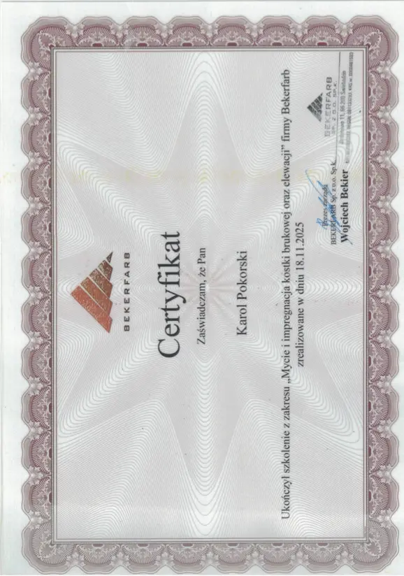 Certyfikat mycia i impregnacji kostki oraz elewacji